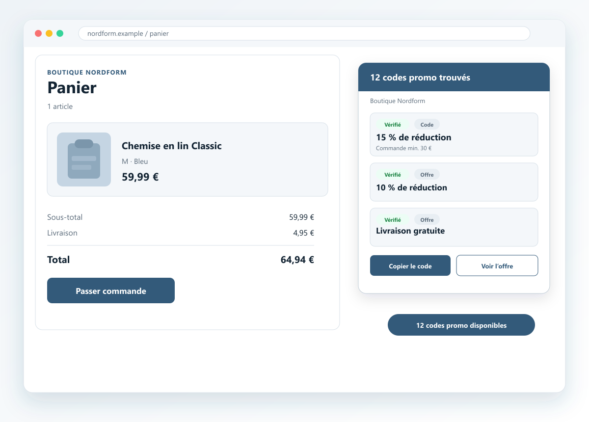 Exemple de l’extension de navigateur affichant des codes promo disponibles dans une boutique en ligne